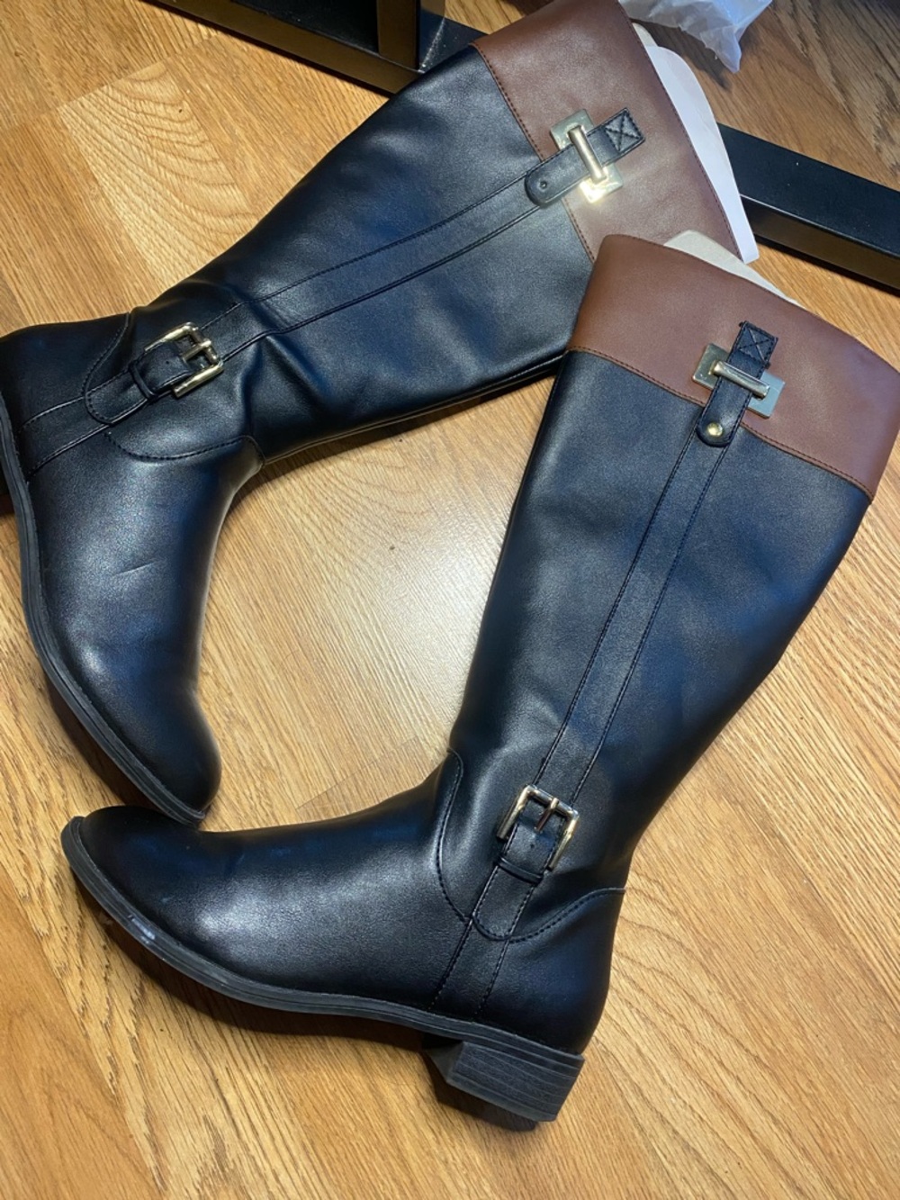 Karen Scott Black and Brown Riding Boots with Gold Hardware